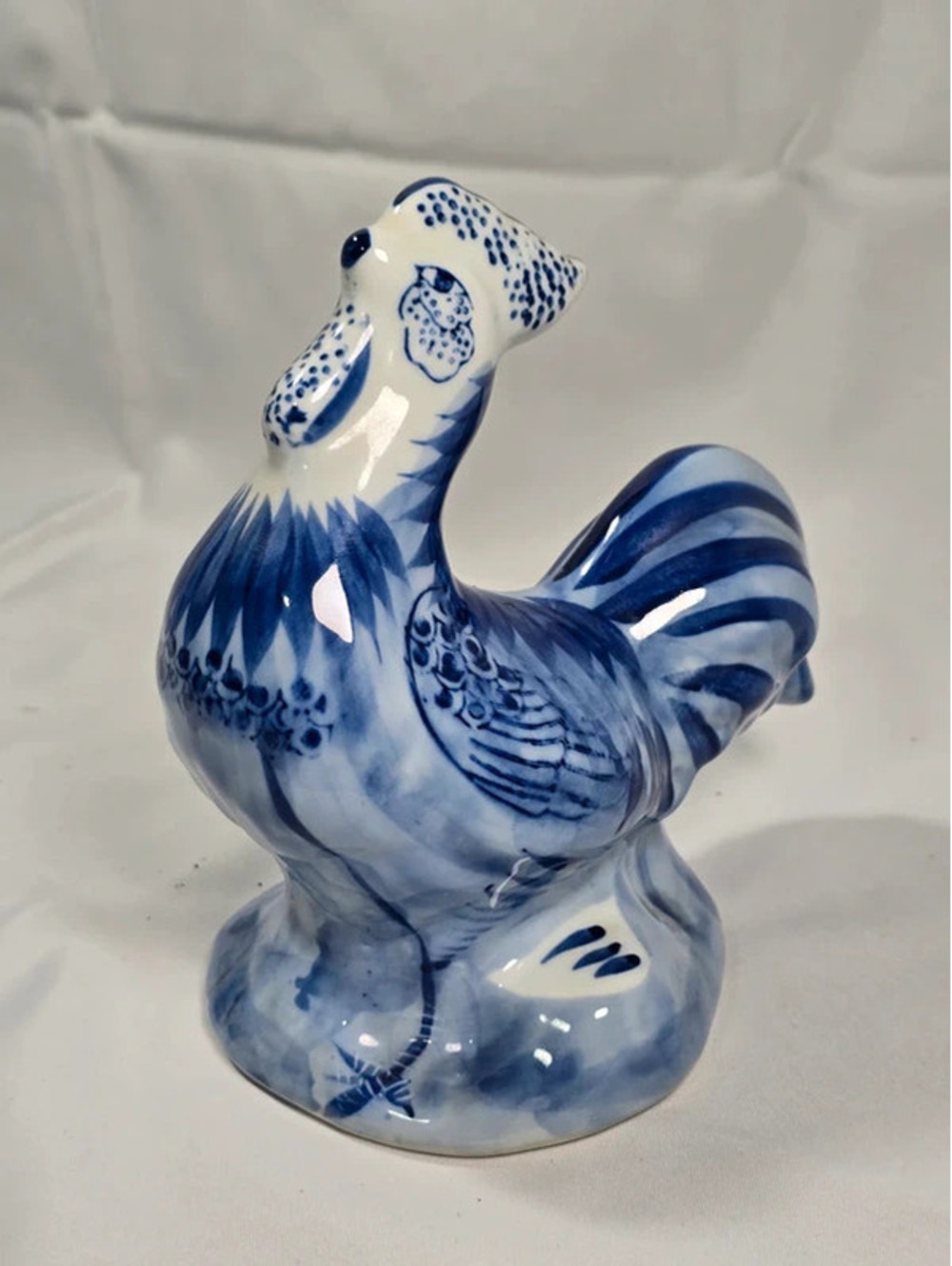 Blue White Porcelain Rooster Figurine Cobalt Farmhouse Decor